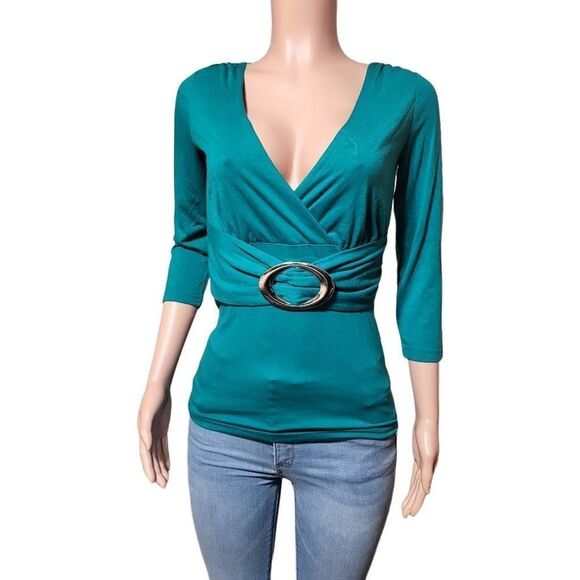 No excuse v-neck teal 3/4 sleeve with belt top 38/40 M - Picture 2 of 5